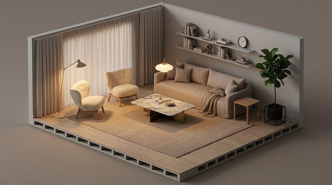 Sandstone Cozy Glow med Dusty Deco Dolores Sand Sofa, Linie Design Cursive Expanse matta, Beige, 250x350 cm, Fredericia