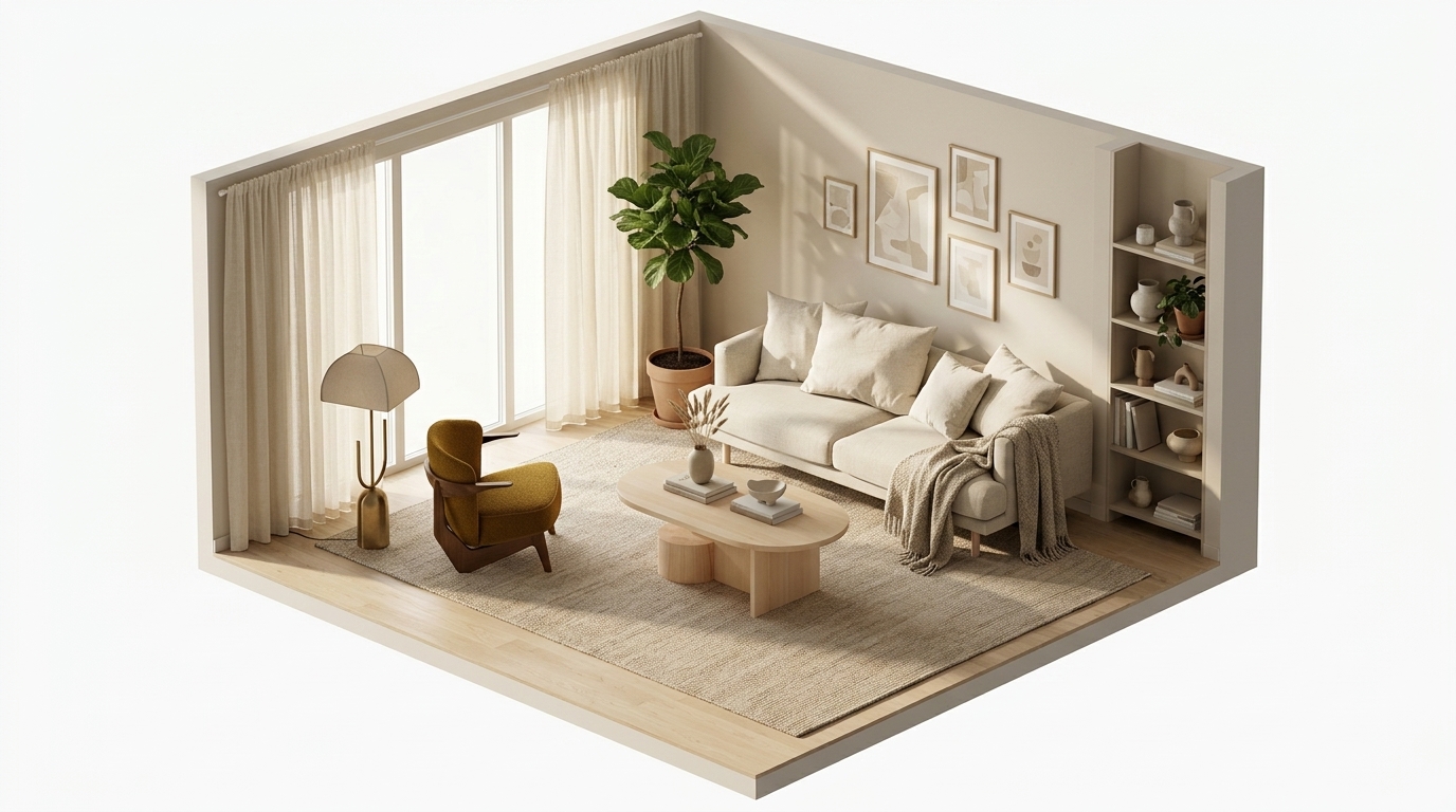 Favorites med 1898 Sjövik 2,5-sits soffa, Bern 0341 Beige, Zanat Sova loungefåtölj oljad valnöt, Ferm Living Insert soffbord