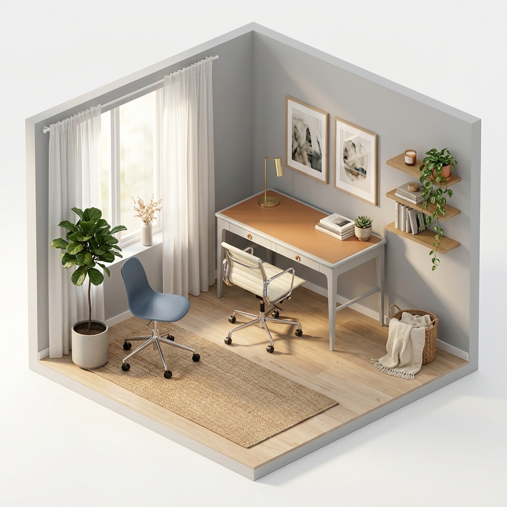 Kaffehörna render 4 med Vitra EA 117 skrivbordsstol Chrome, Normann Copenhagen Form chair swivel 5W kontorsstol, blå,