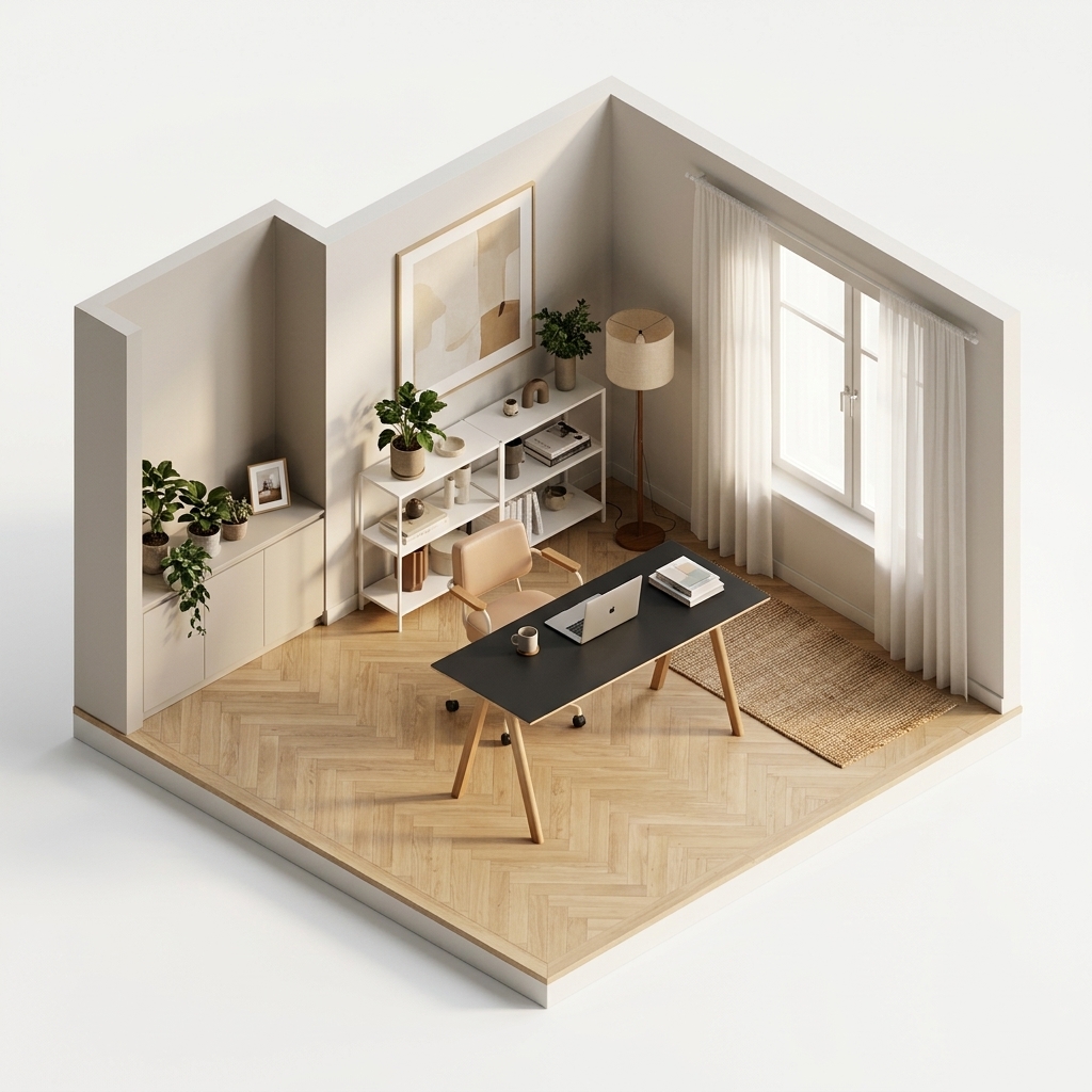 Oak Leather Modern Calm med Vitra Fauteuil Direction Pivotant skrivbordsstol Ecru, HAY CPH10 2.0 skrivbord