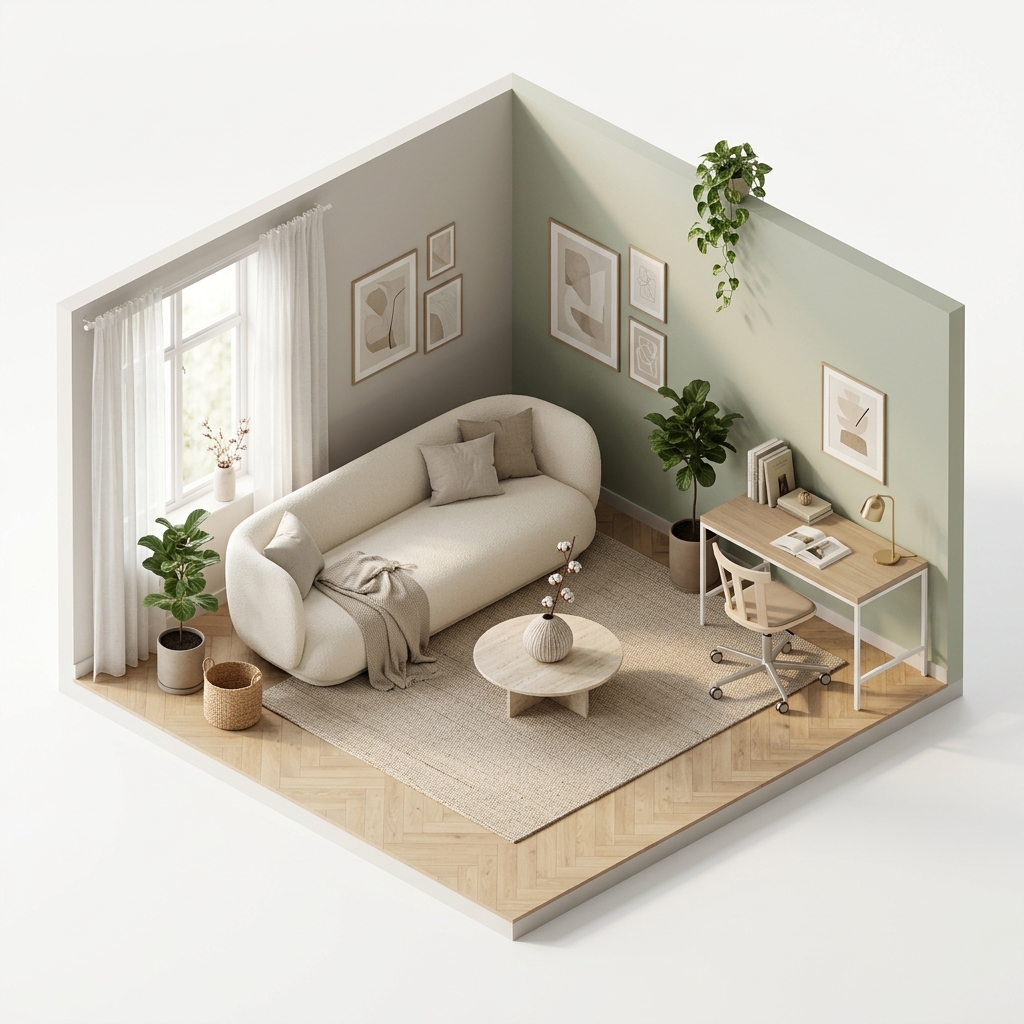 vardagsrum render 1 med Ferm Living Rico soffa bouclé 4-sits, Wool bouclé offwhite, Stolab Alt stol snurrstativ klädd sits