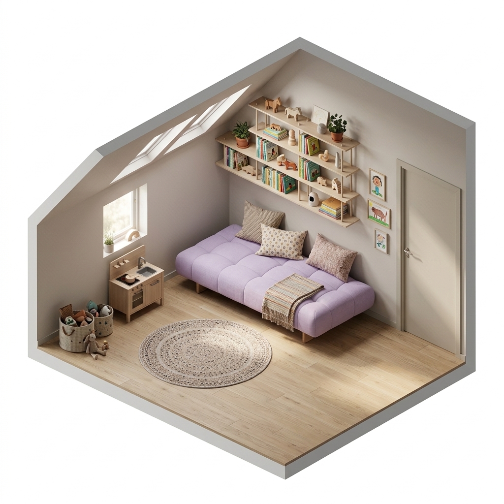 Ville vardagrum render 3 med HAY Quilton Lift dagbädd, Fogia Bond W106 Vägghylla