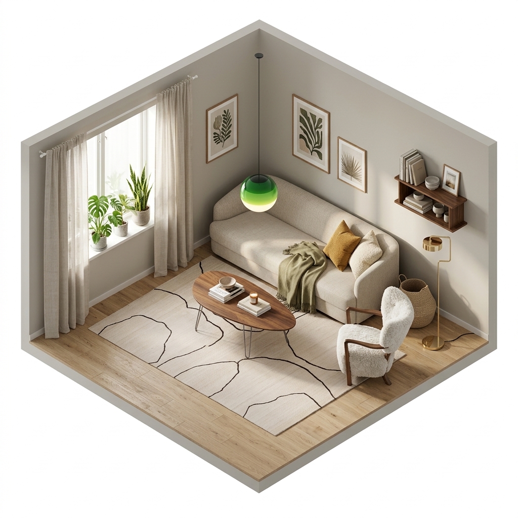 Vardagsrum. render 1 med New Works Covent 3-sitssoffa, Lana, Marset Dipping Light Pendant, &Tradition Wulff Lounge Chair