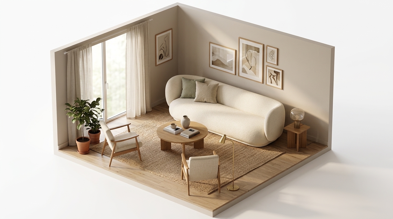 vardagsrum med Ferm Living Rico soffa bouclé 4-sits, Wool bouclé offwhite