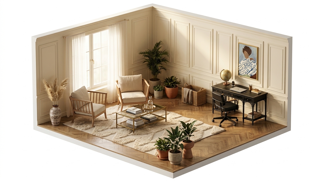 Nytt vardasgrum med Fritz Hansen Tradition utomhusfåtölj teak, Kateha Herringbone Wild matta, light beige, 200x300 cm, Paper