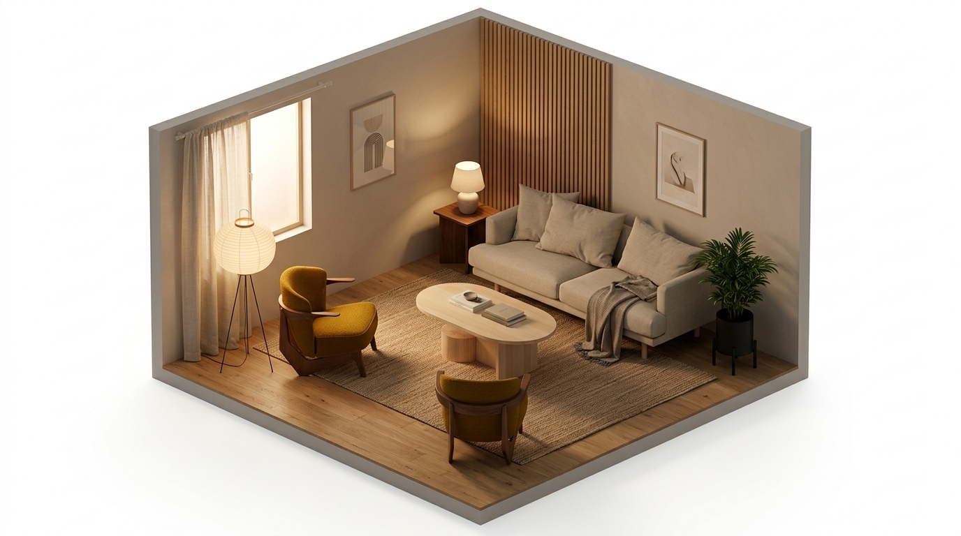 Cozy Japandi Glow med 1898 Sjövik 2,5-sits soffa, Bern 0341 Beige, Zanat Sova loungefåtölj oljad valnöt, Ferm Living Insert