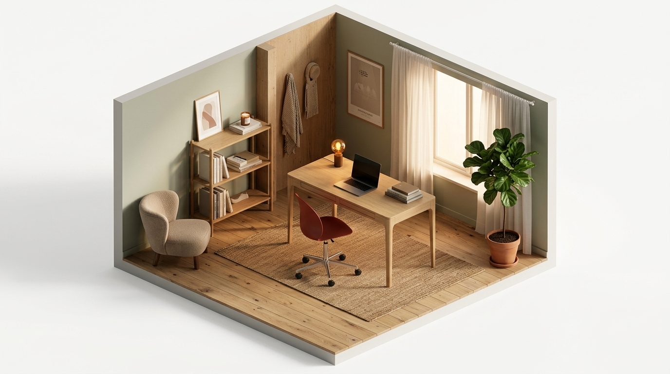 Sustainable Scandi Retreat med Umage Heart'n'Soul skrivbord 80x120 cm, Oak, Fritz Hansen N02-30 Recycle kontorsstol