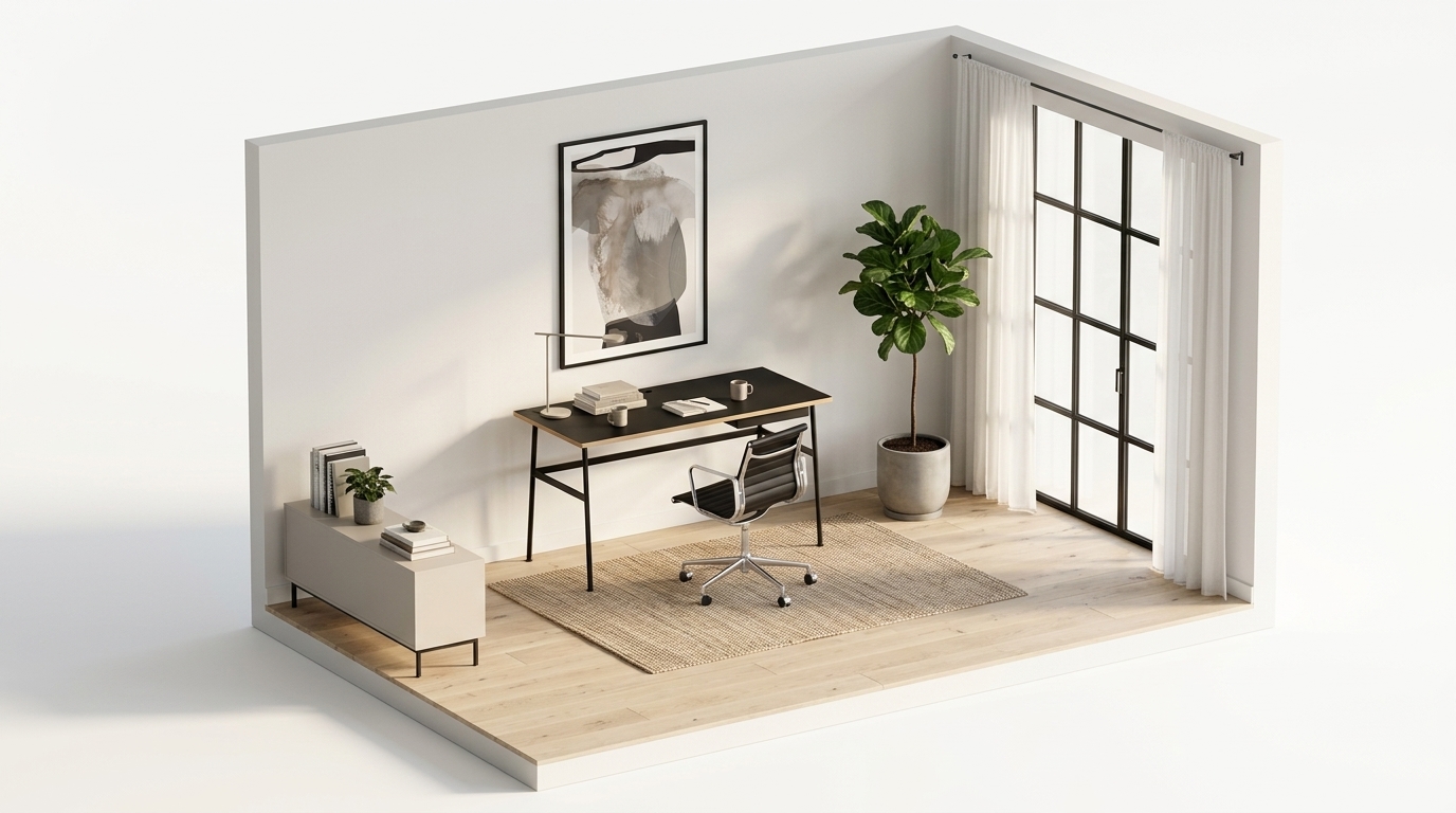 Sleek Scandinavian Retreat med Vipp Vipp452 kontorstol hjul, Normann Copenhagen Journal Desk, Anna Bülow Anna Bülow poster