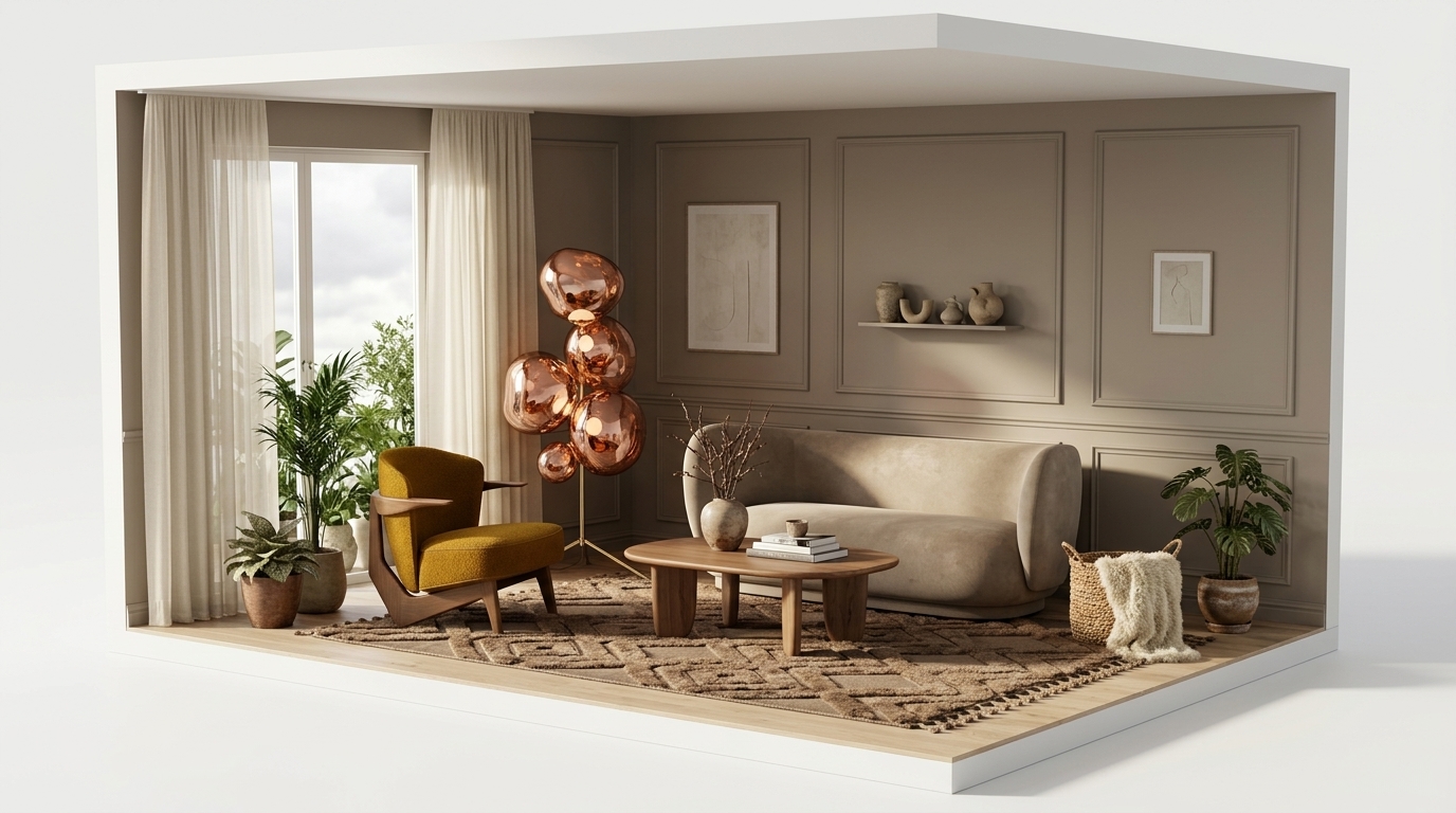 Favorites med Se Mattor Vivaro Brun Ullmatta, Ferm Living Rico 2-sits soffa Faded - Beige, Zanat Sova loungefåtölj oljad