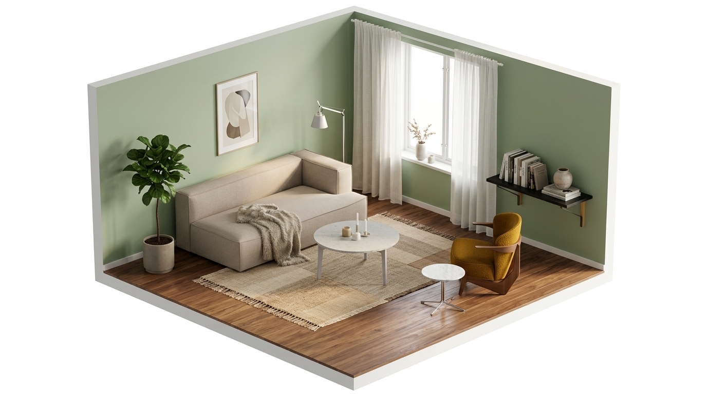 Sage Nordic Hygge med Living Divani Jelly Low Table, Artek Kaari Väggkonsol REB 006, Zanat Sova loungefåtölj oljad valnöt,
