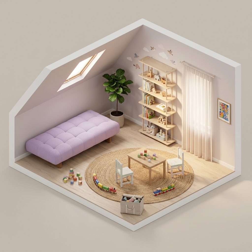 Ville vardagrum render 2 med HAY Quilton Lift dagbädd, Fogia Bond W106 Vägghylla