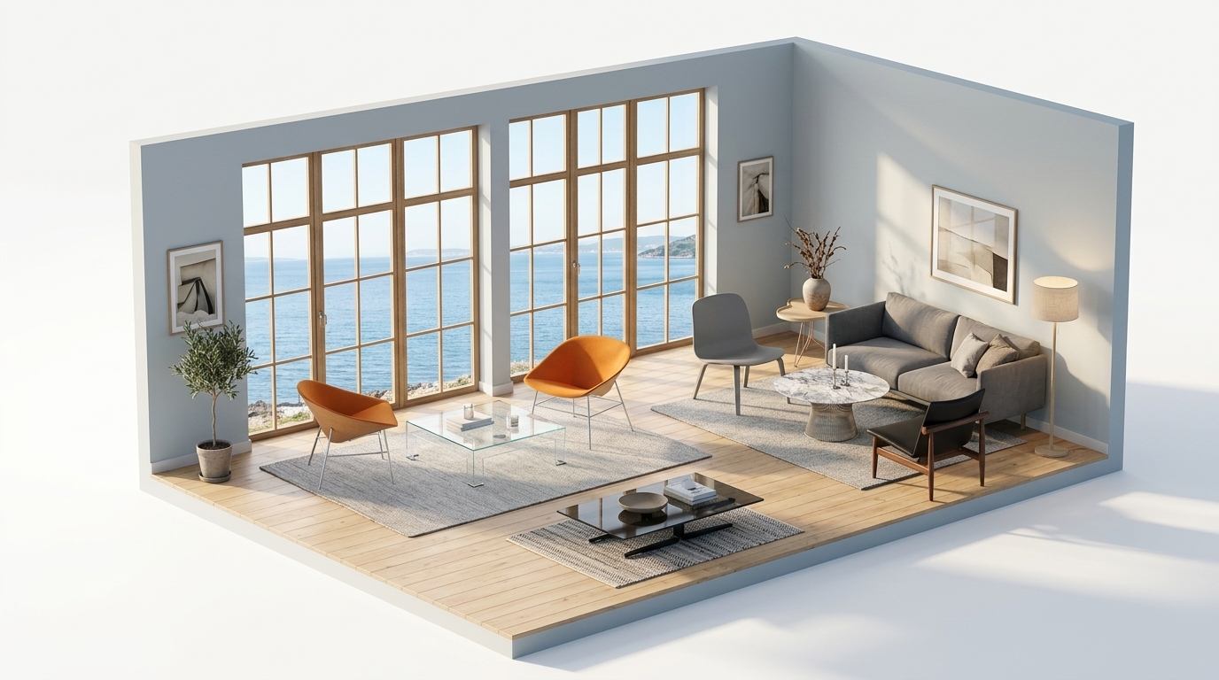 Skandinavisk Kustharmoni med Muuto Visu loungefåtölj, Grey, Glas Italia TAT07 Atlantis Coffee Table, House of Finn Juhl