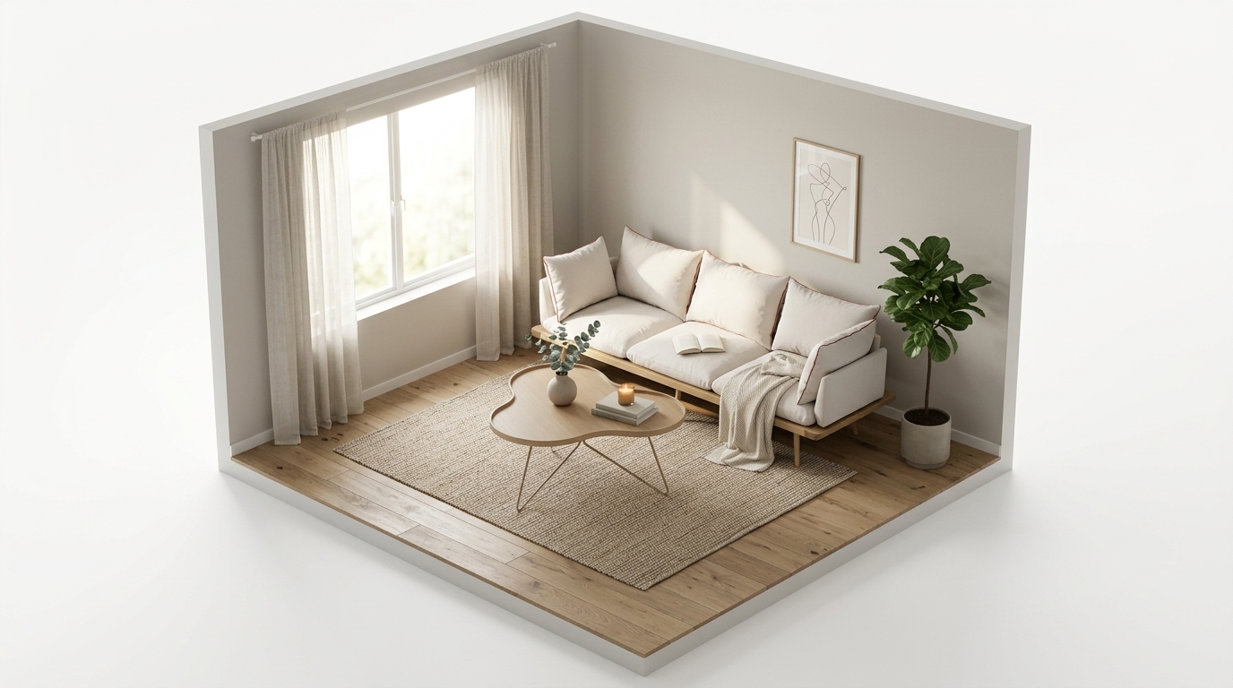 Sunlit Scandi Oak Retreat med Umage Lounge Around 3-sits soffa Oak/White Sands, Swedese Flower mono bord 84x90 cm, H39 Ek