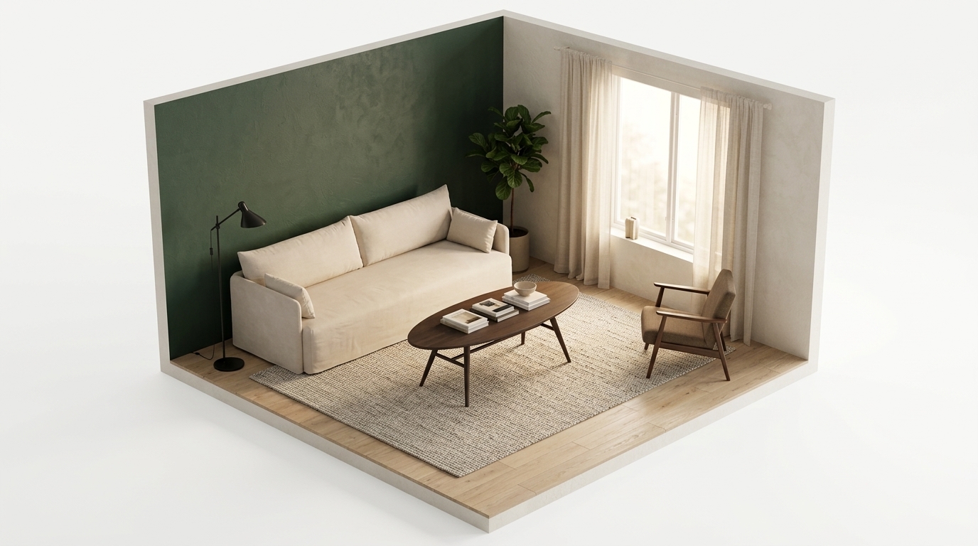 Airy Scandi Sanctuary med Torkelson Löderup Soffbord 140x70 cm, Audo Copenhagen Offset soffa 3-sits, Logan Jasmine