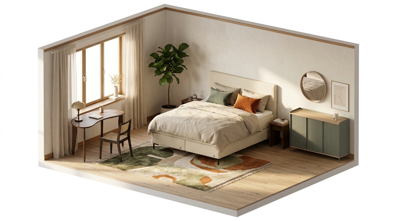 Dusty Green Oak Haven med Englesson Impression Kontinental High Frame Pearl Dubbelsäng, Ferm Living Feve Skrivbord, Muuto