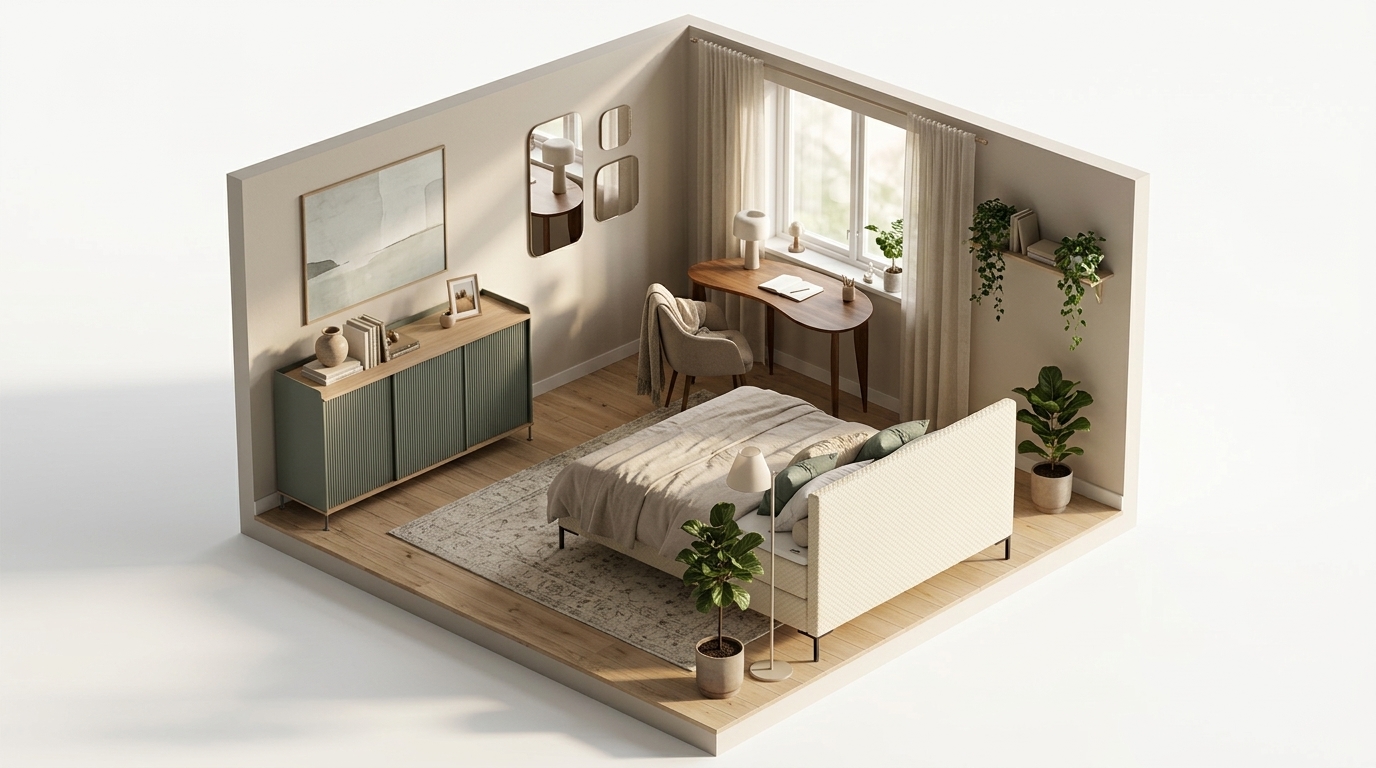 Sage Oak Serenity med Englesson Impression Kontinental High Frame Pearl Dubbelsäng, Ferm Living Feve Skrivbord, Muuto Enfold