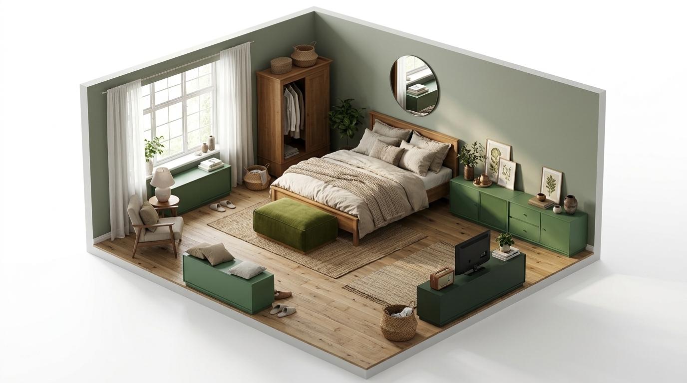 Nordic Sage Serenity med 1898 Bergsdal fotpall, Luisa green, Montana Montana Selection Rest III förvaringsbänk, Montana