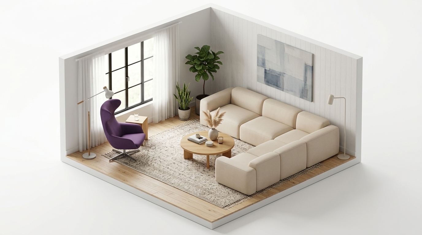 Sunlit Scandi Retreat med NO GA Brick 5-Seater Corner, Living Divani Reader High Swivel Armchair