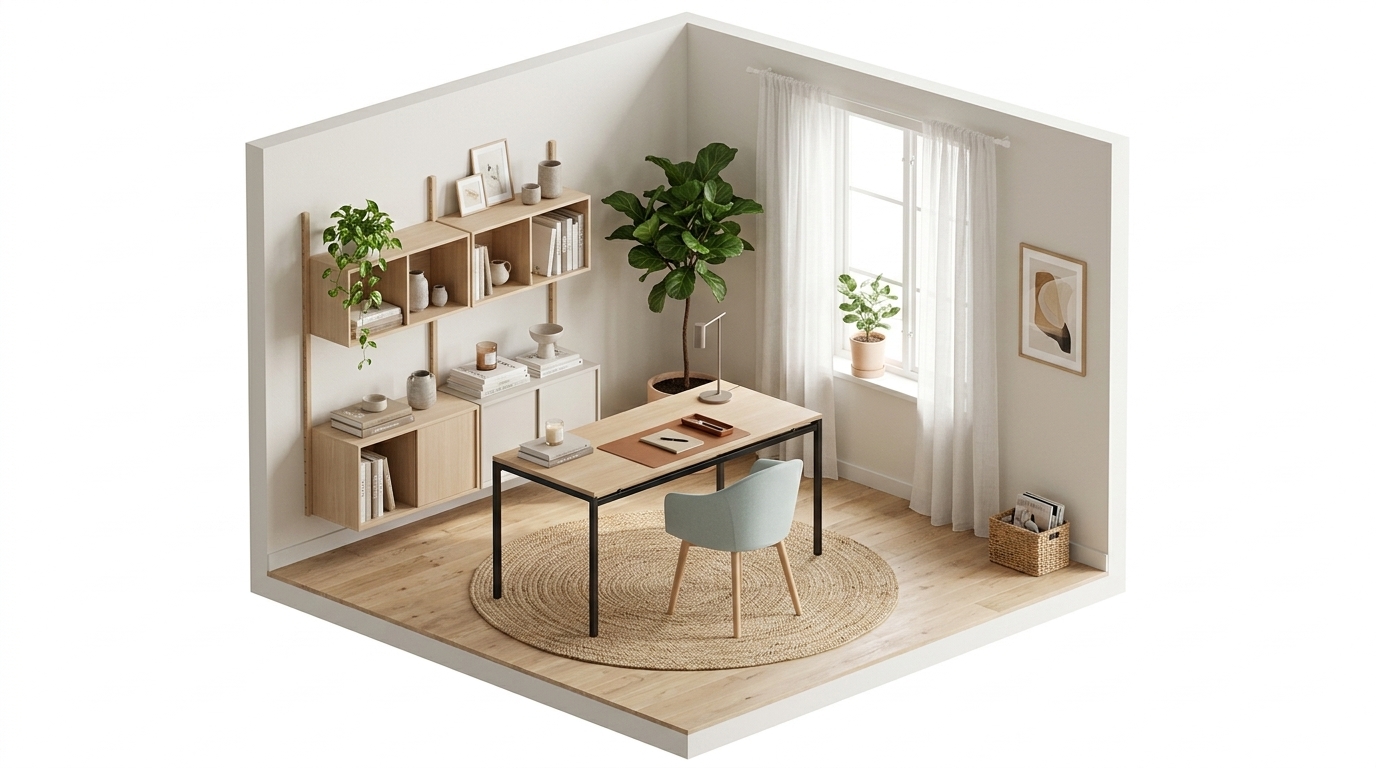 Sunlit Danish Study med Fredericia Furniture Gomo Armchair karmstol wood base, Mylla 811-lackerad ek, Carl Hansen PK52A