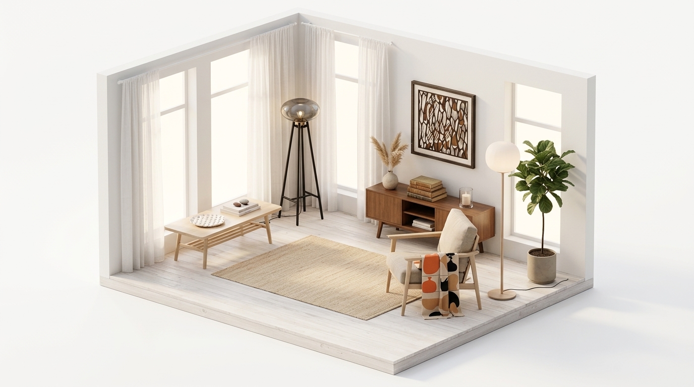 Sunlit Nordic Calm med FDB Møbler U5 Hiti golvlampa, Smokey grey-oak black painted, Luceplan Lita Floor, Slowdown Studio