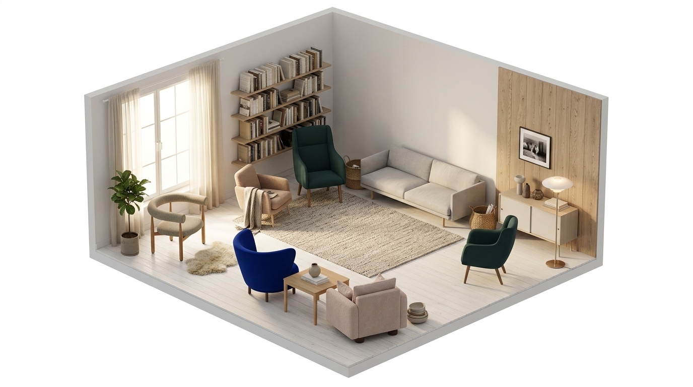 Nordic Hygge Sanctuary med New Works Bukowski Lounge Chair, Oak, Moss 17, Massproductions Dandy Armchair, Dusty Deco Miles