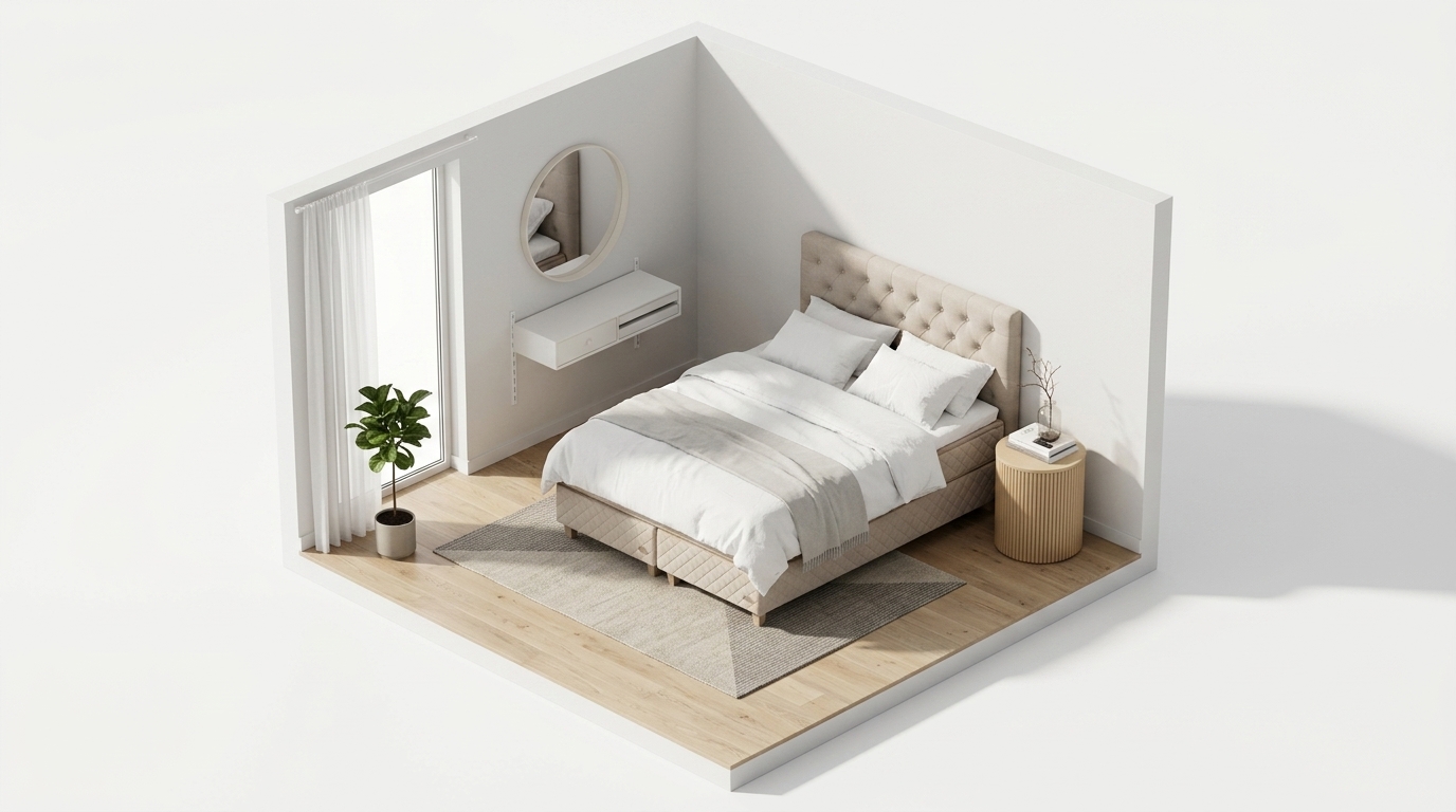 Sunlit Scandi Serenity med DUX DUX 60 Sustainable Comfort kontinentalsäng, Ethnicraft Roller Max sidobord, Ek, round,