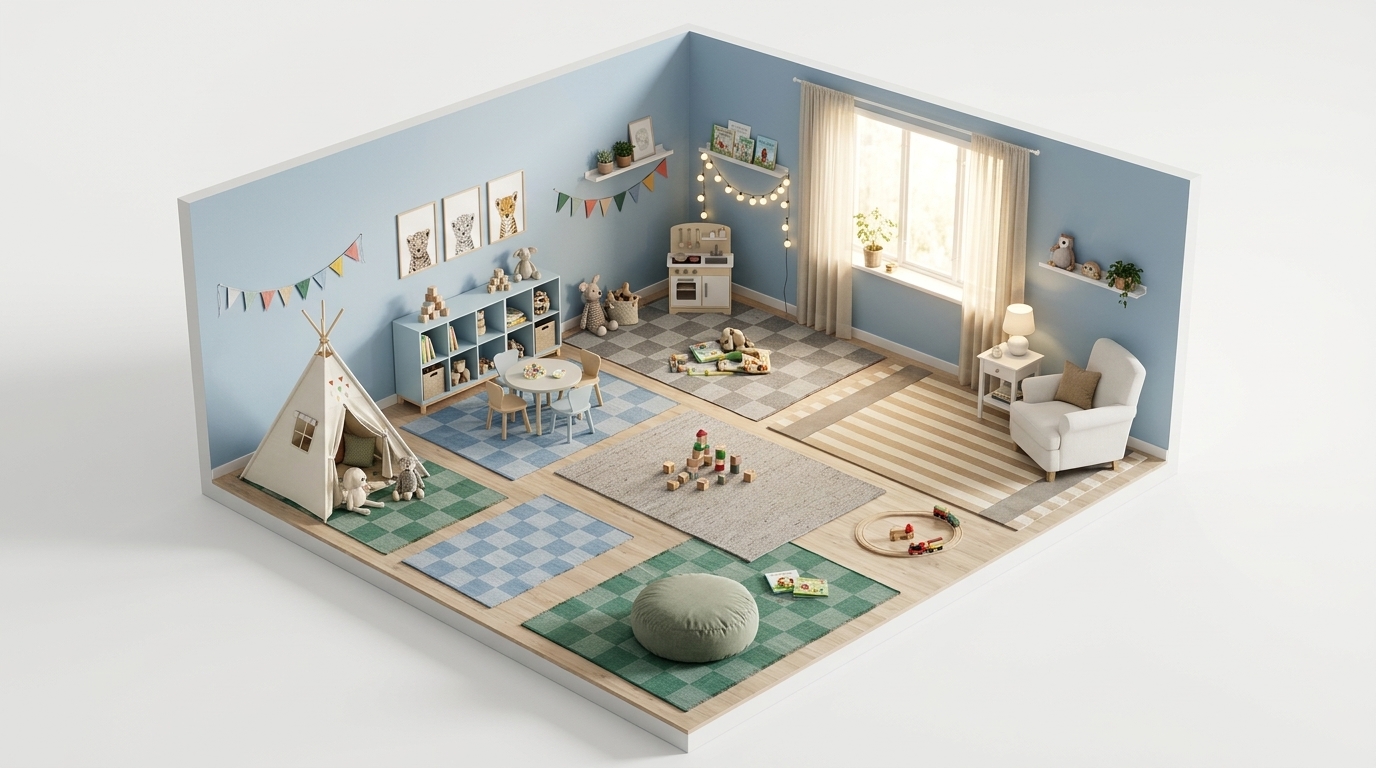 Sunlit Azure Playroom med Scandi Living Aisles ullmatta, Beige, 200x300 cm, HAY Check matta L, Grey 170x240 cm, HAY Check
