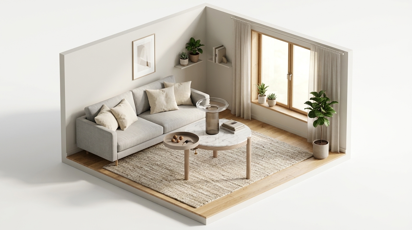 Muted Scandi Calm med Orrefors Ensemble vas 220 mm, Brun-grå, Navet Bricka Clamp Tray S Oat, Flexform Gustav - Sidobord