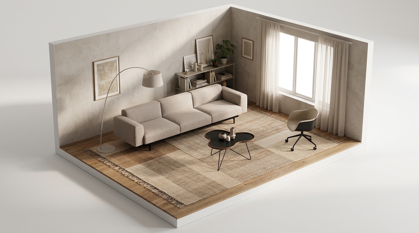 Organic Scandi Sanctuary med Muuto In Situ modulsoffa 3-sits configuration 6, Clay 12-Black, Swedese Flower bord 84x90 cm,