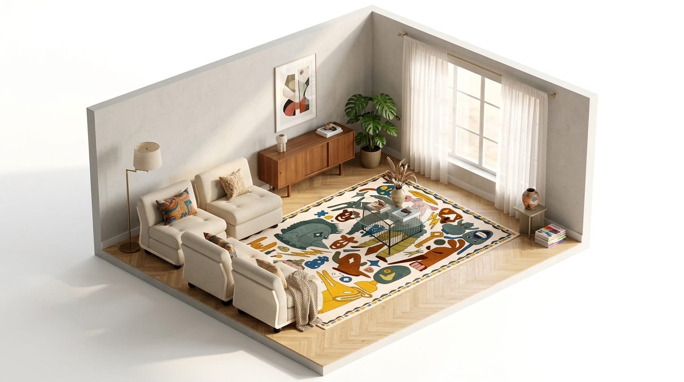 Sunlit Cream Comfort med Nanimarquina Troupe Rug, HAY Amanta soffmodul, Cream beige-story 102, 1-sits/fåtölj, Driade Anapo