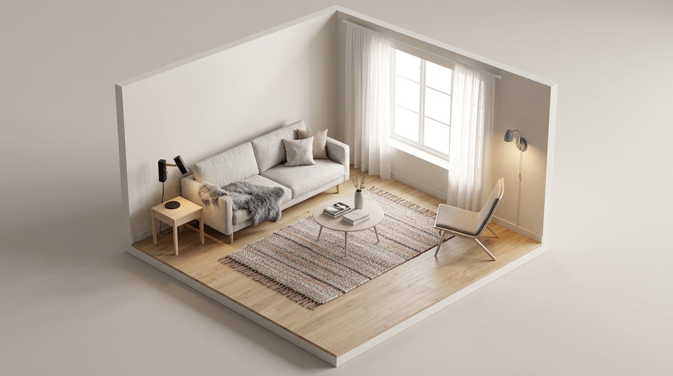 Ljus Skandinavisk Ro med Belid Cato läslampa, Armaturhantverk Koster läslampa, Se Mattor Trasmatta Assur Beige, Skinnwille