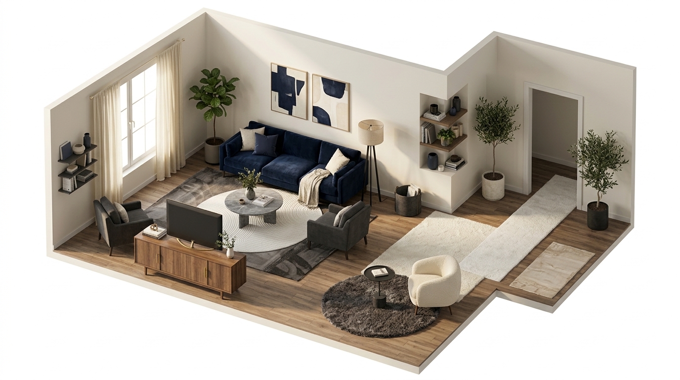 Refined Plush Sanctuary med Se Mattor Komon Linne Rund, Se Mattor Harit Mörkgrå Rund, Se Mattor Rund Bella Spin Offwhite, Se