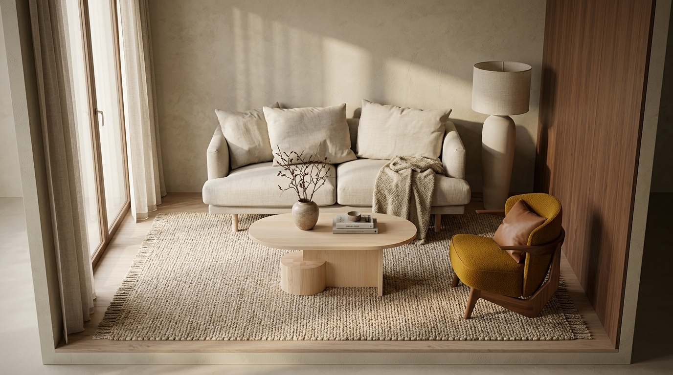 Favorites med 1898 Sjövik 2,5-sits soffa, Bern 0341 Beige, Zanat Sova loungefåtölj oljad valnöt, Ferm Living Insert soffbord