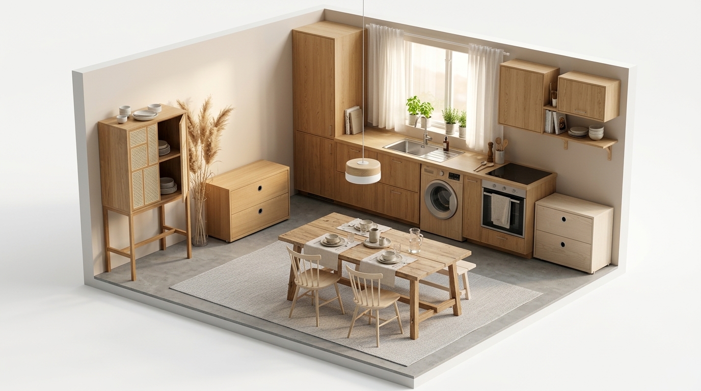 Luxe Scandi Utility med Design House Stockholm Skåp Air ek, String furniture Lådhurts 78x30x42 ek, String furniture Lådhurts