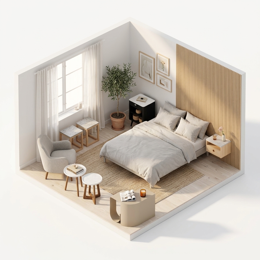 Sovrummets render 1 med Flexform Dida - Sidobord, Flexform Dida - Sidobord, Stolab Tureen Sidobord, Naver Collection AK 2405