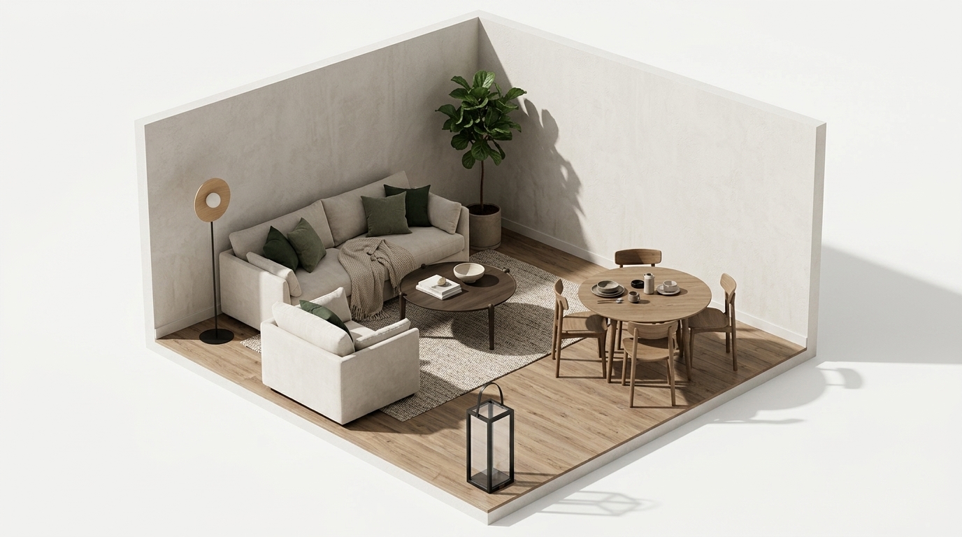 Jordnära Urban Elegans med Emibig Lighting Soho golvlampa, Artwood Golvlykta Svart Stor, Design House Stockholm Bord Aria 90