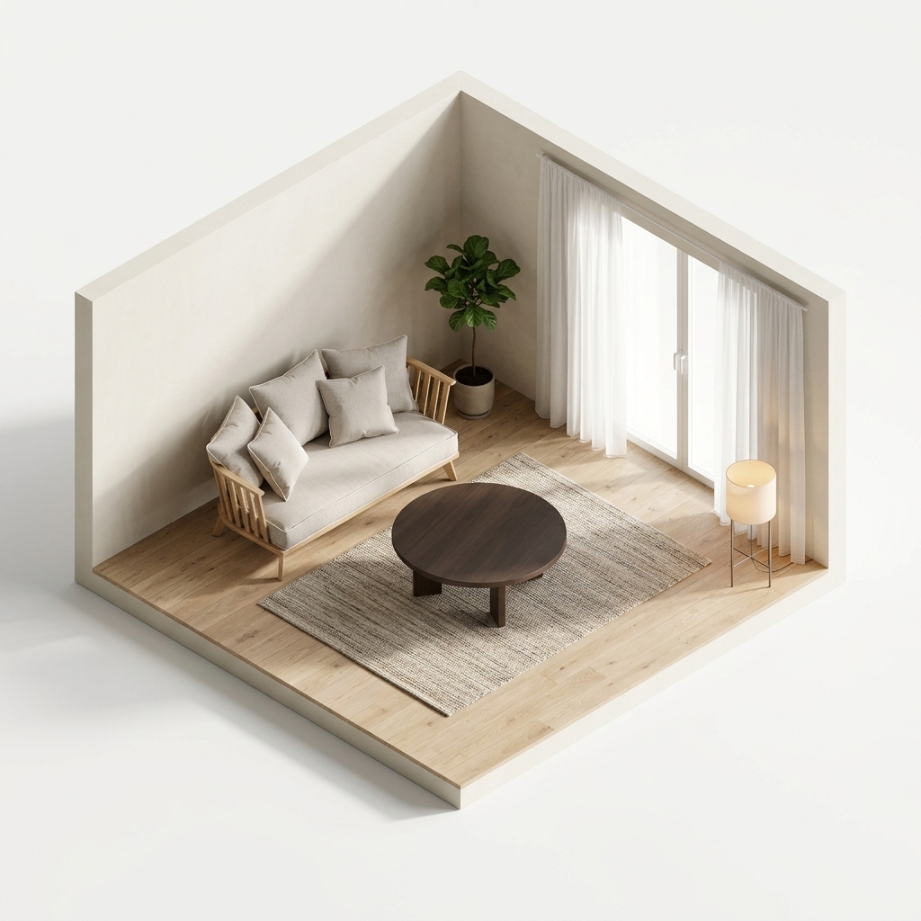 Lampor render 3 med Gervasoni Gray 05 Sofa, Ferm Living Tarn soffbord