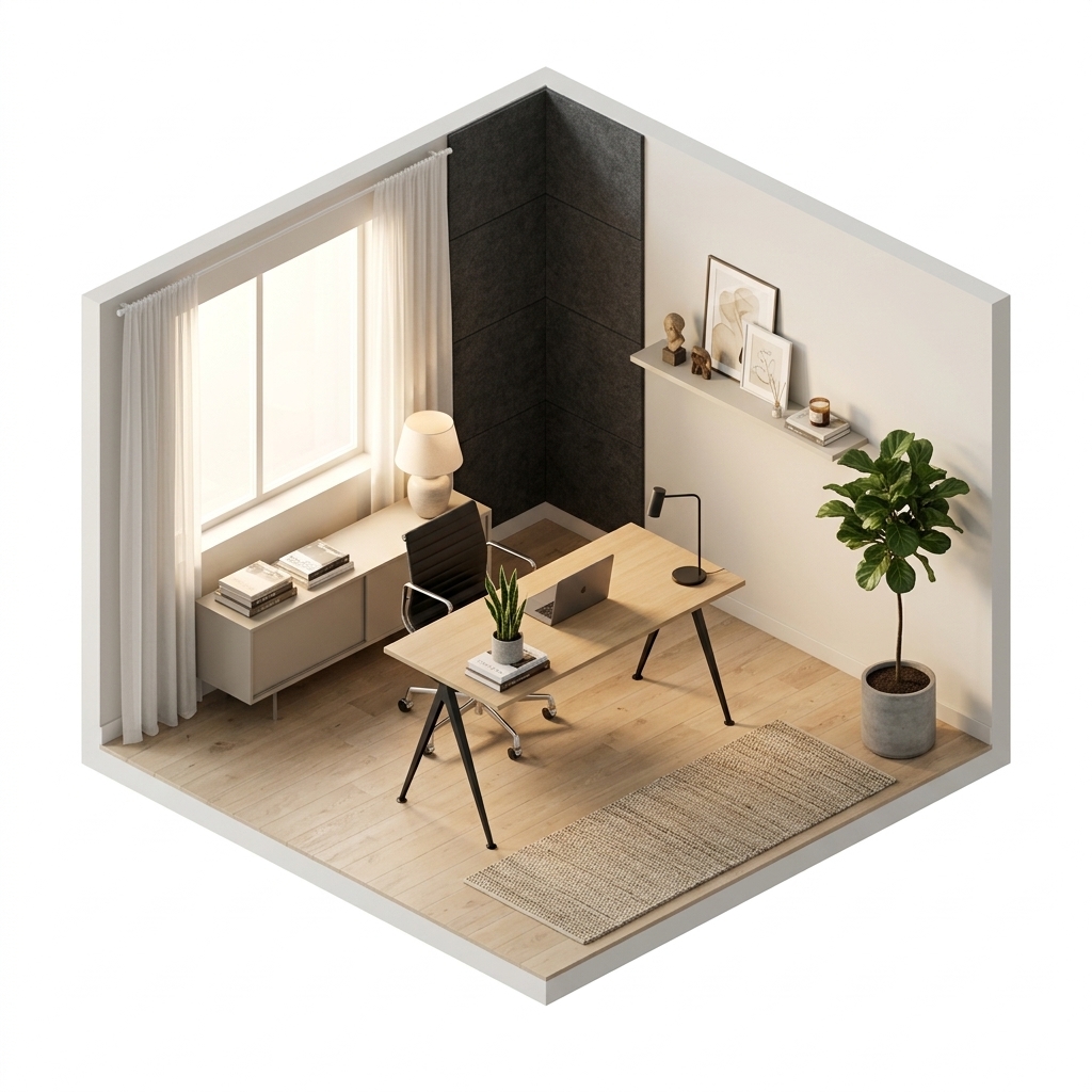 AI Visualizations render 1 med Vitra Aluminium EA 117 skrivbordsstol, HAY Pyramid 01 skrivbord, Oak matt