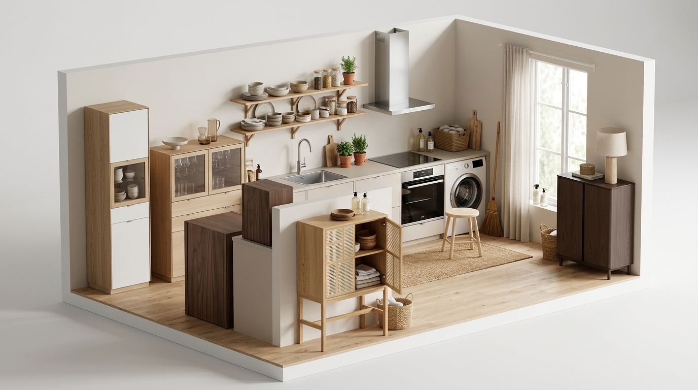 Sunlit Scandi Woods med Design House Stockholm Skåp Air ek, Skovby Sm914 Vitrinskåp Ek Såpa, Skovby Sm923 Vitrinskåp Ek