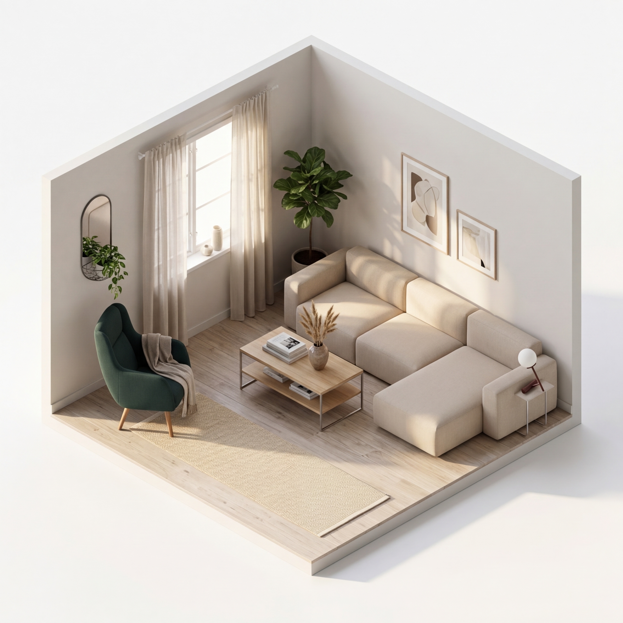 sovrum render 1 med Pappelina Matta Mono, 85 x 260 cm, sand/cream, Massproductions Anyway Armchair - High Back, SMD Design