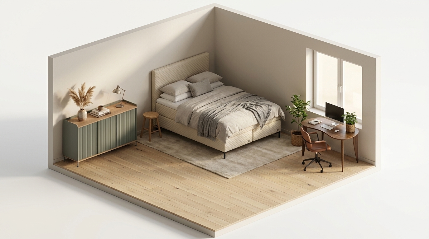 Sunlit Scandi Serenity med Englesson Impression Kontinental High Frame Pearl Dubbelsäng, Ferm Living Feve Skrivbord, Muuto