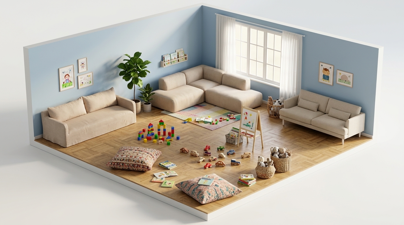 Nordic Playful Haven med Dusty Deco Dolores Sand Sofa, 1898 Bredhult soffa 3-sits, Bern 0341 beige-vitoljad ek, NO GA Brick