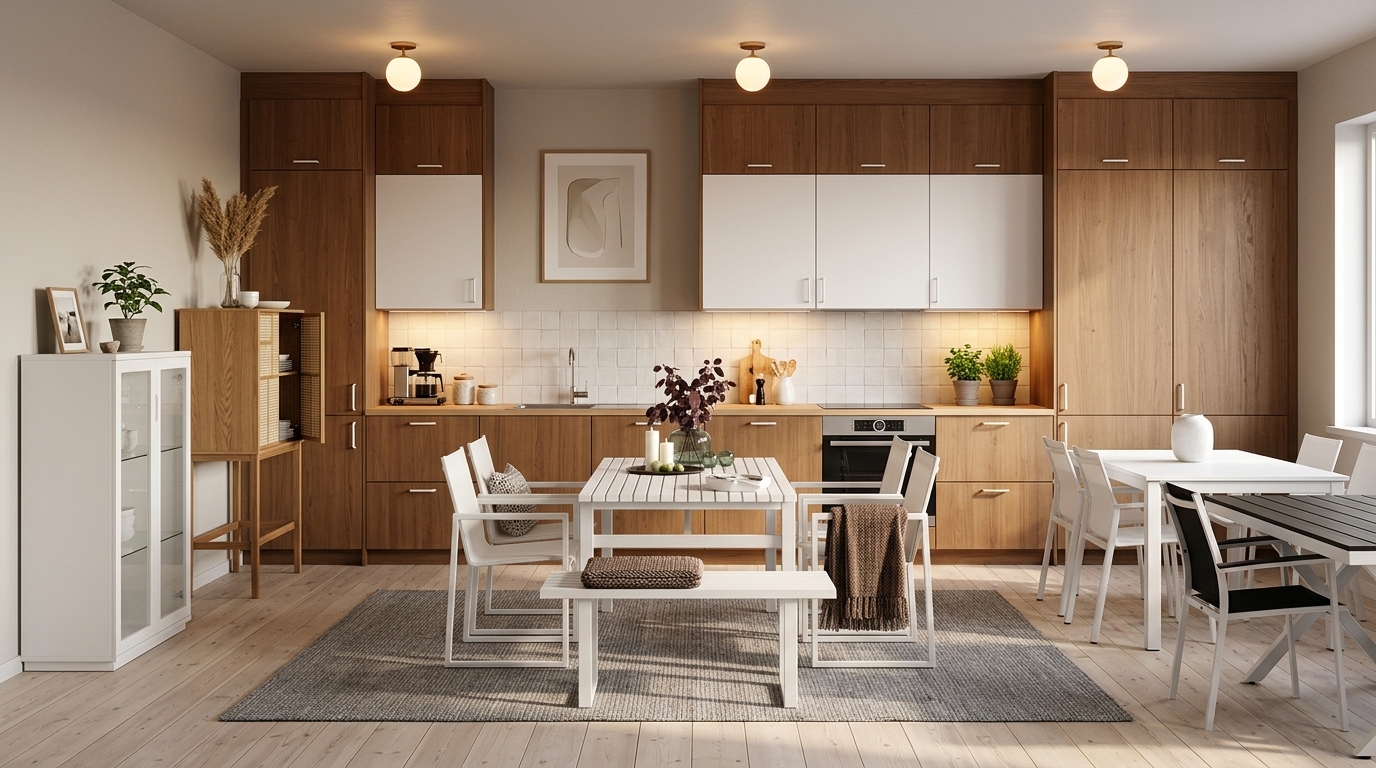Nordisk Köksvärme med Mavis Aoko Skåp, Design House Stockholm Skåp Air ek, Brafab Lomma/Delia Matgrupp, Brafab Vevi matgrupp