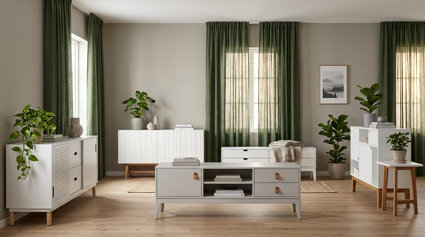 Grönskande nordisk elegans med Mavis Höllviken mediabänk, ljusgrå, Mavis Höllviken Bänk Ljus Grålack, Zweed Citti 6x3 skåp,