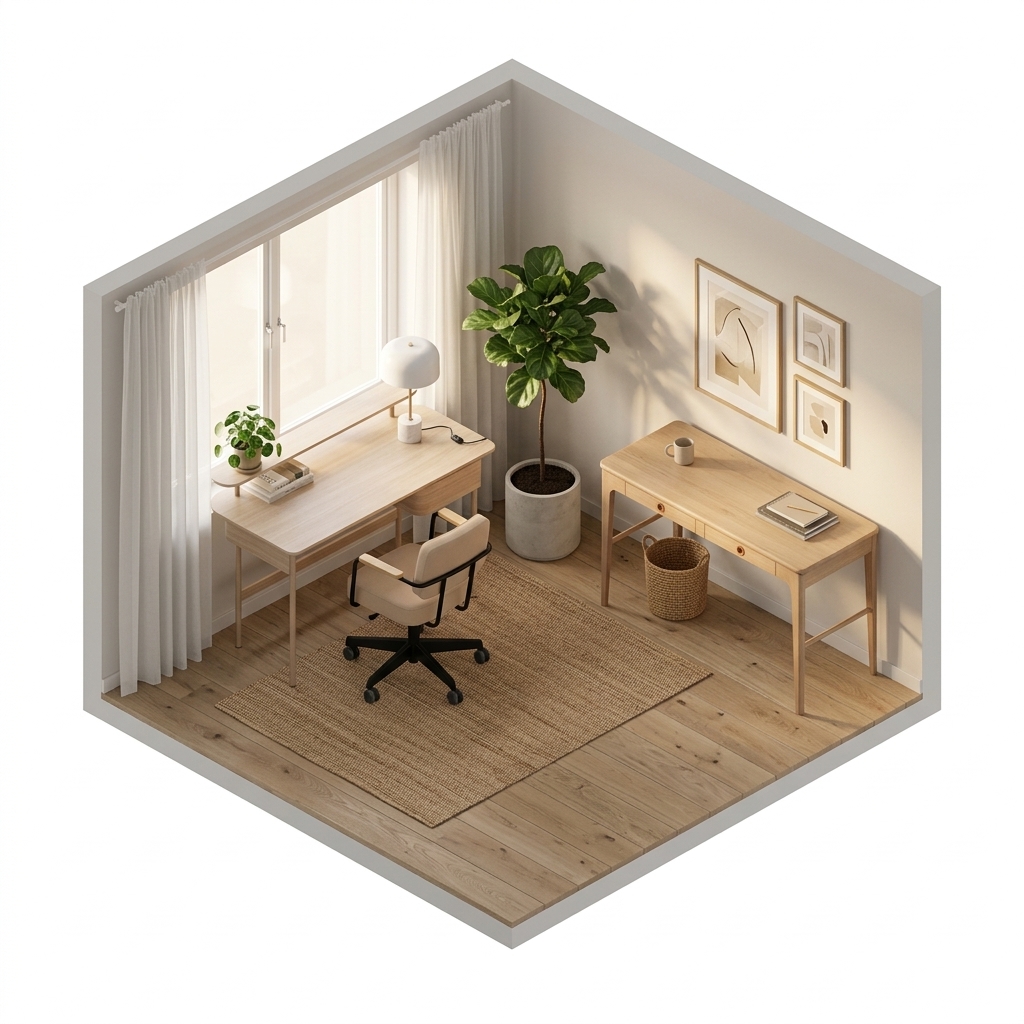 Kontor render 1 med Swedese Luna skrivbord med låda och hylla, Ek vitpigmenterad, Lene Bjerre Sofillia bordslampa 53 cm,