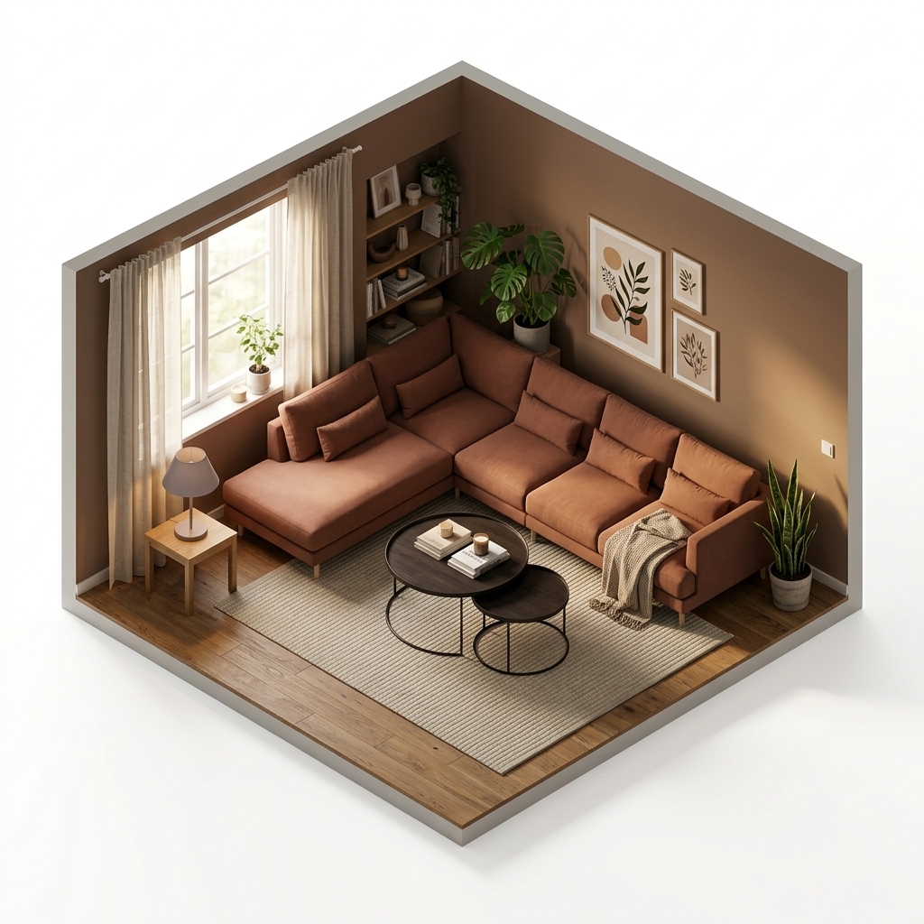 AI Visualizations render 1 med 1898 Bredhult soffa, Same Rust 6675-vitoljad ek, 4-sits B2, Ethnicraft Tray Coffee Table Set,