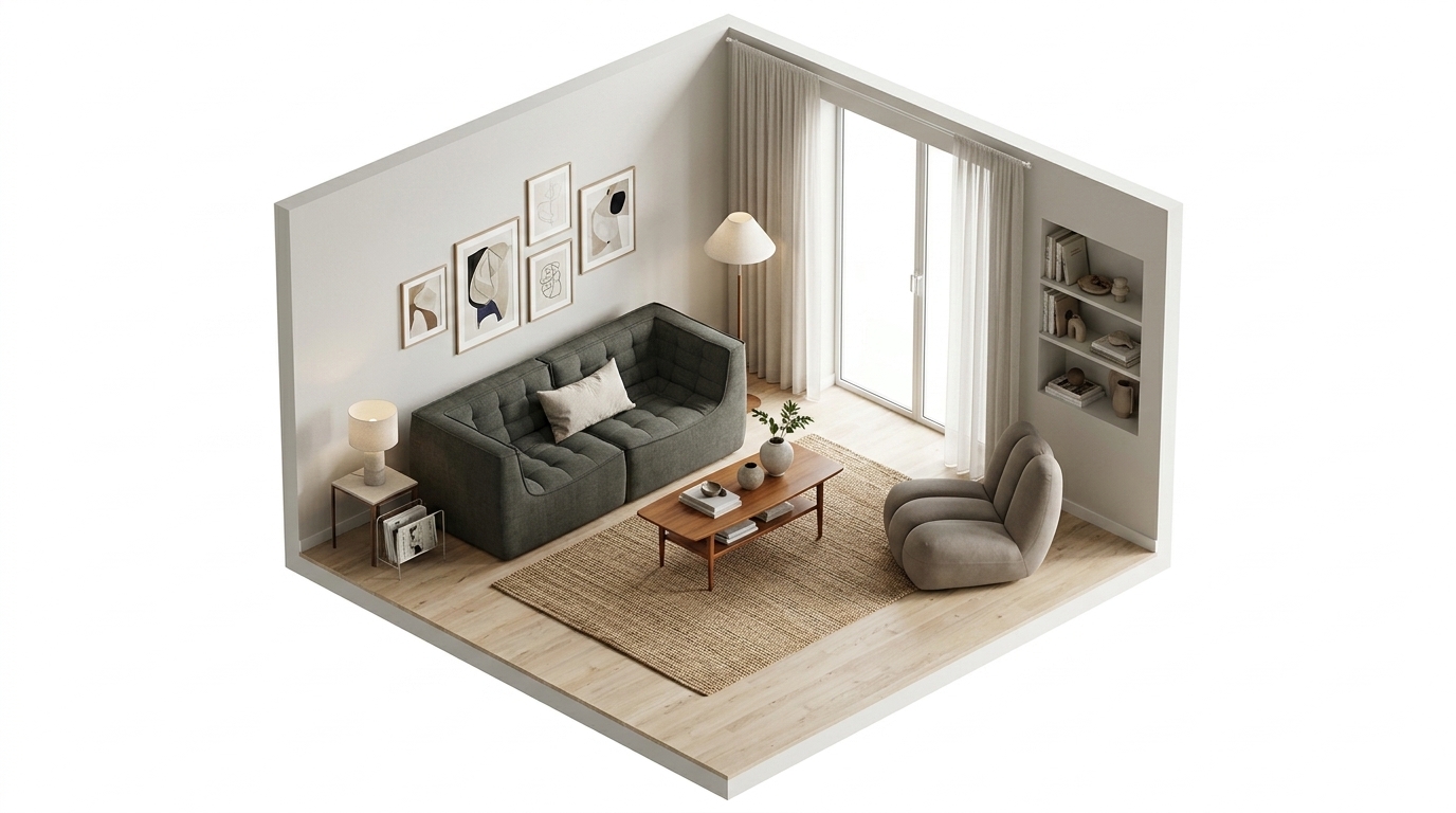 Nordic Taupe Sanctuary med Ethnicraft N701 Square hörnmodul soffa, 101 Copenhagen Toe Fåfölj - Taupe