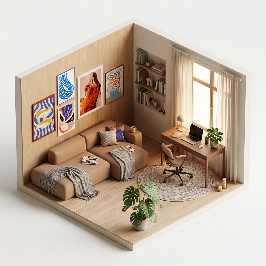 Warm Gallery Lounge med Bloomingville Remy illustration med ram 50x70 cm, Rose, Paper Collective Entropy Blue 02 poster,