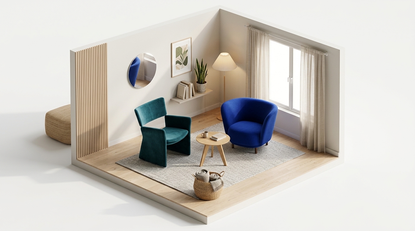 Sunlit Nordic Comfort med Massproductions Crown Easy Chair, Massproductions Dandy Armchair