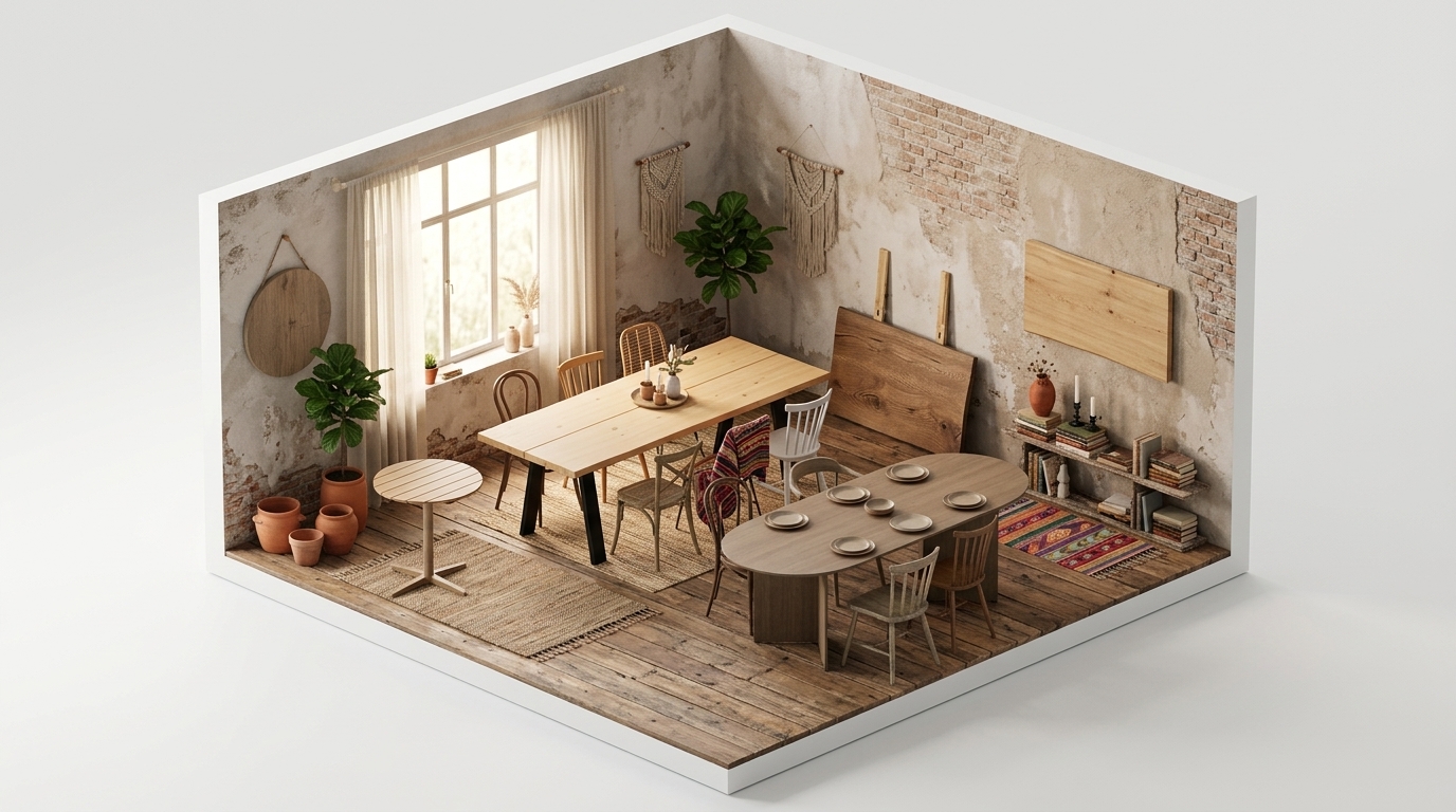 Woven Wood Sanctuary med Ferm Living Mingle Oval bordsskiva 220 cm, Naver Collection GM 3200 Plank Bord, Nardi Bordsskiva